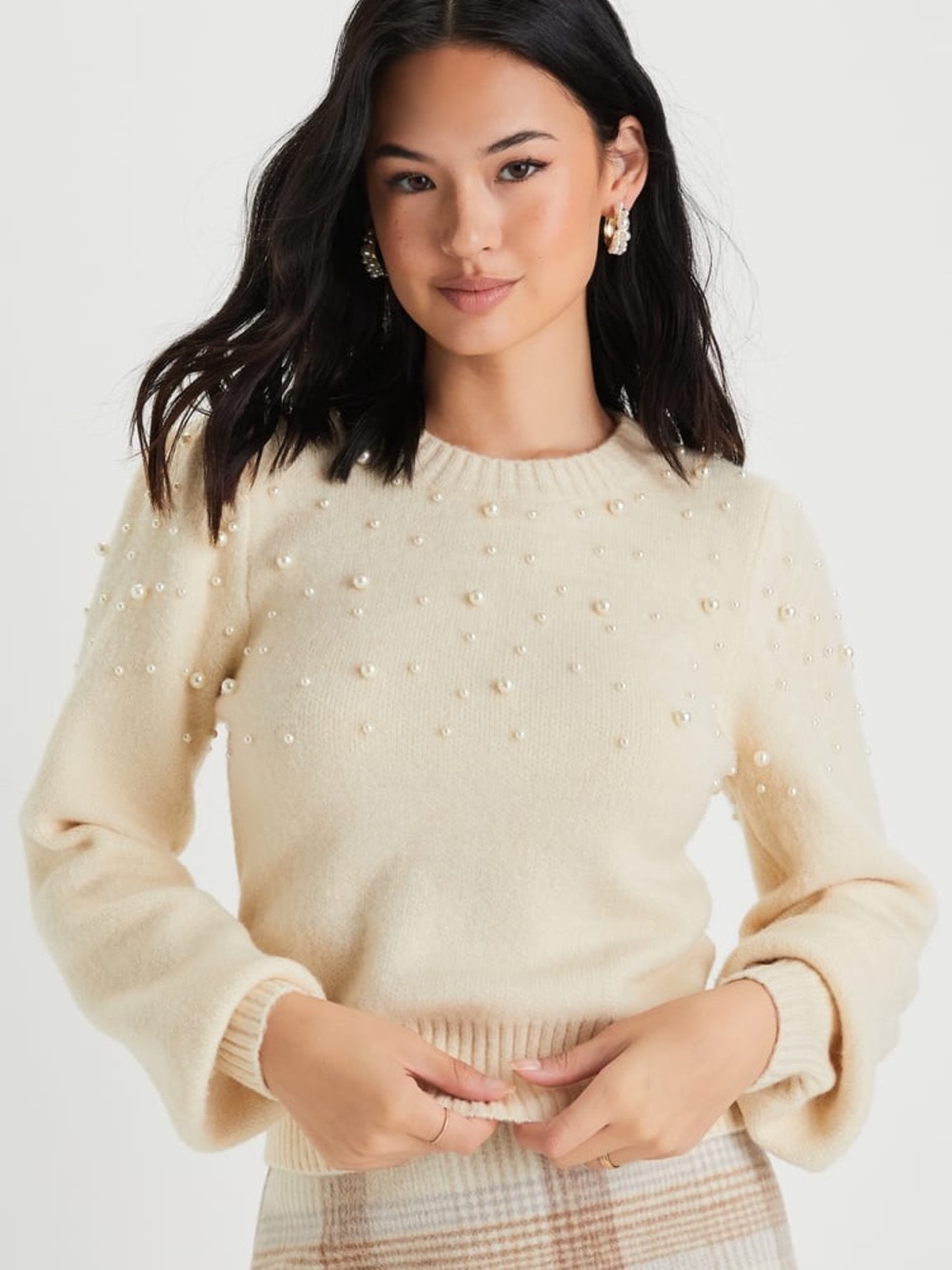 Lulu’s Undeniable Glow Ivory Pearl-Embellished Sweater NWT